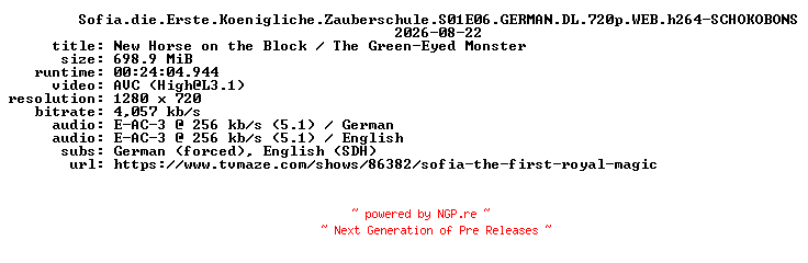 NFO for the release Sofia.die.Erste.Koenigliche.Zauberschule.S01E06.GERMAN.DL.720p.WEB.h264-SCHOKOBONS by SCHOKOBONS