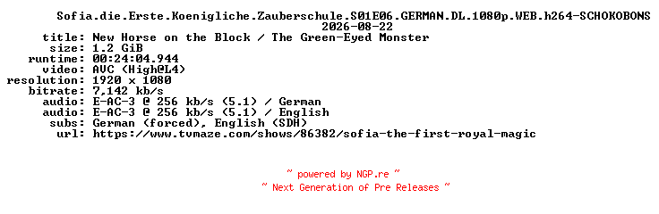 NFO for the release Sofia.die.Erste.Koenigliche.Zauberschule.S01E06.GERMAN.DL.1080p.WEB.h264-SCHOKOBONS by SCHOKOBONS