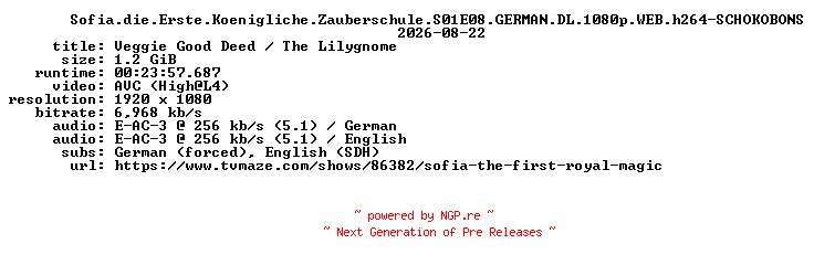 NFO for the release Sofia.die.Erste.Koenigliche.Zauberschule.S01E08.GERMAN.DL.1080p.WEB.h264-SCHOKOBONS by SCHOKOBONS