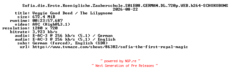 NFO for the release Sofia.die.Erste.Koenigliche.Zauberschule.S01E08.GERMAN.DL.720p.WEB.h264-SCHOKOBONS by SCHOKOBONS