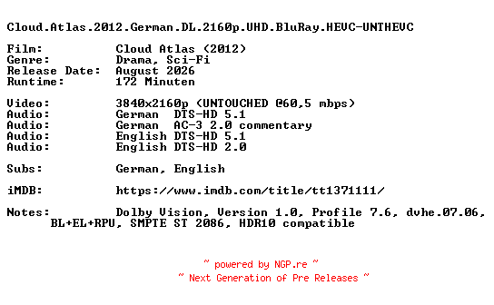 NFO for the release Cloud.Atlas.2012.German.DL.2160p.UHD.BluRay.HEVC-UNTHEVC by UNTHEVC