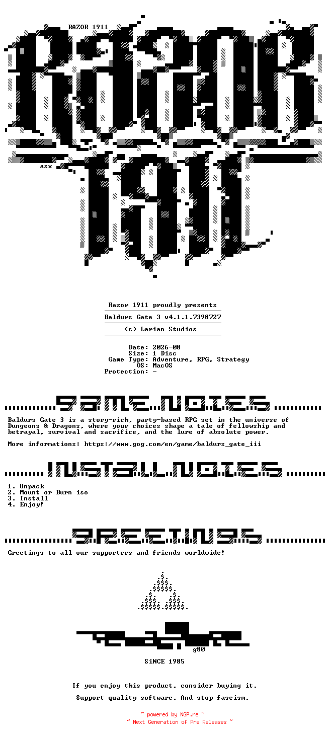 NFO for the release Baldurs_Gate_3_v4.1.1.7398727_MacOS-Razor1911 by Razor1911