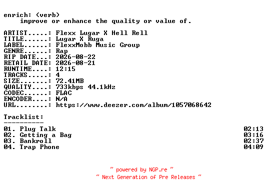 NFO for the release Flexx_Lugar_X_Hell_Rell-Lugar_X_Ruga-EP-16BIT-WEB-FLAC-2026-ENRiCH by ENRiCH