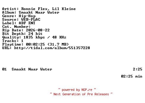 NFO for the release Ronnie_Flex_Lil_Kleine-Smaakt_Naar_Water-NL-SINGLE-24BIT-WEB-FLAC-2026-BAQ by BAQ