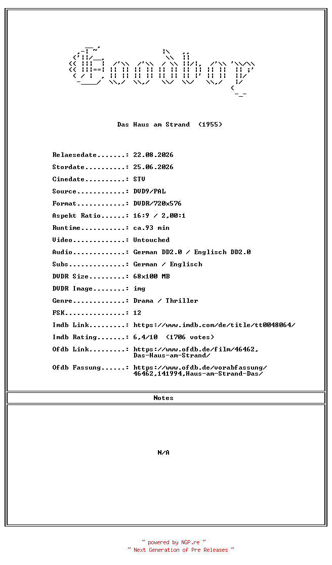 NFO for the release Das.Haus.am.Strand.GERMAN.1955.DL.COMPLETE.PAL.DVD9-Goodboy by Goodboy