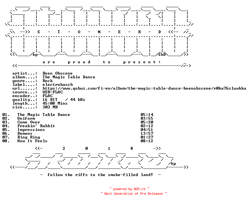 NFO for the release Been_Obscene-The_Magic_Table_Dance-16BIT-WEB-FLAC-2010-STONERD by STONERD