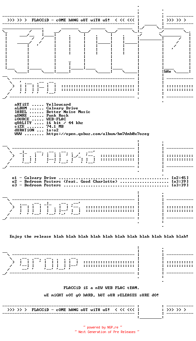 NFO for the release Yellowcard-Calvary_Drive-EP-16BIT-WEB-FLAC-2026-FLACCiD by FLACCiD