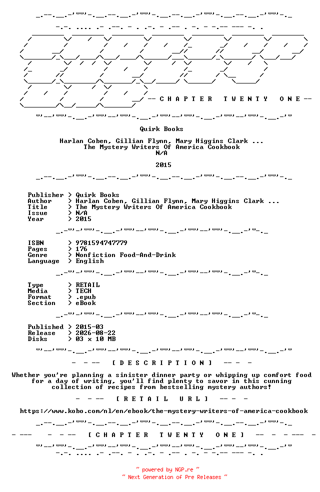 NFO for the release Quirk.Books.-.The.Mystery.Writers.Of.America.Cookbook.2015.RETAIL.EPUB.eBook-CTO by CTO