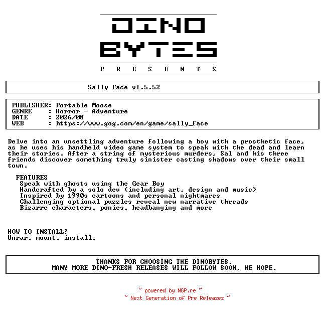 NFO for the release Sally_Face_v1.5.52-DINOByTES by DINOByTES