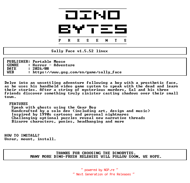 NFO for the release Sally_Face_v1.5.52_Linux-DINOByTES by DINOByTES