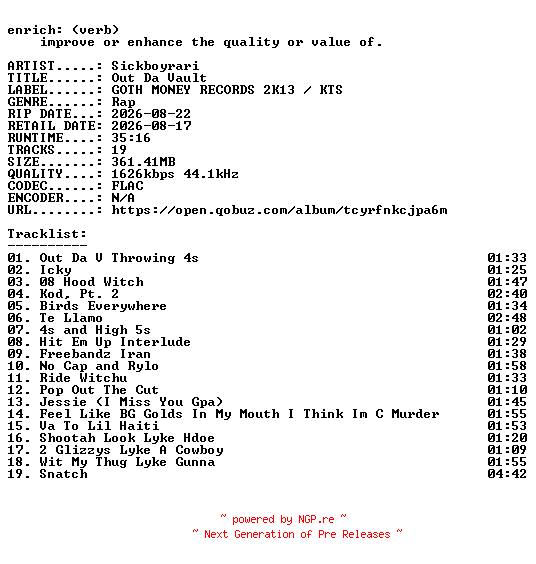 NFO for the release Sickboyrari-Out_Da_Vault-24BIT-WEB-FLAC-2026-ENRiCH by ENRiCH