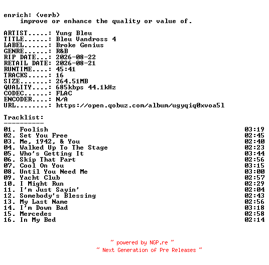 NFO for the release Yung_Bleu-Bleu_Vandross_4-16BIT-WEB-FLAC-2026-ENRiCH by ENRiCH
