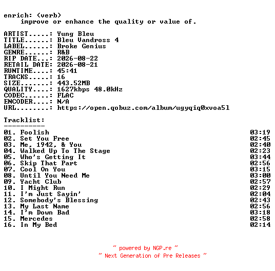 NFO for the release Yung_Bleu-Bleu_Vandross_4-24BIT-WEB-FLAC-2026-ENRiCH by ENRiCH