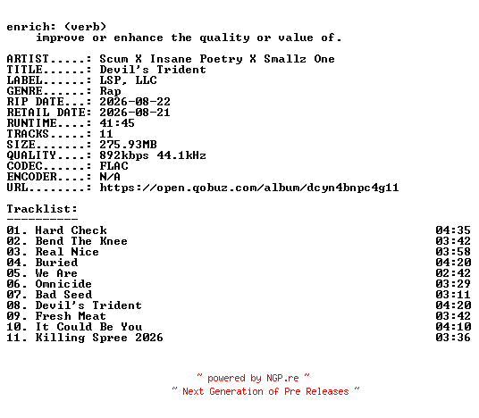 NFO for the release Scum_X_Insane_Poetry_X_Smallz_One-Devils_Trident-16BIT-WEB-FLAC-2026-ENRiCH by ENRiCH
