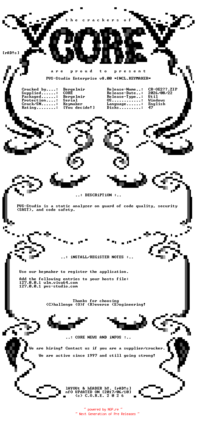 NFO for the release PVS-Studio.Enterprise.v8.00.Incl.Keymaker-CORE by CORE