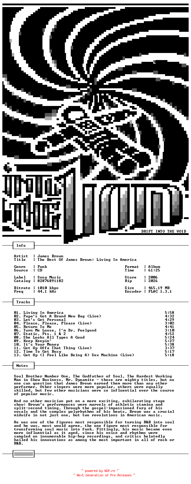 NFO for the release James_Brown-The_Best_Of_James_Brown-Living_In_America-CD-FLAC-2006-THEVOiD by THEVOiD