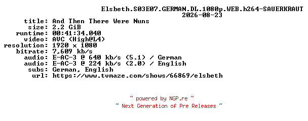 NFO for the release Elsbeth.S03E07.GERMAN.DL.1080p.WEB.h264-SAUERKRAUT by SAUERKRAUT