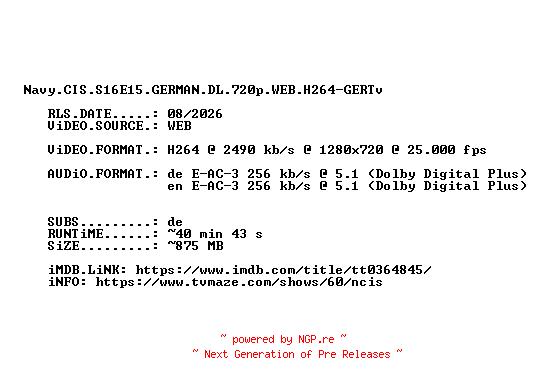 NFO for the release Navy.CIS.S16E15.GERMAN.DL.720p.WEB.H264-GERTv by GERTv