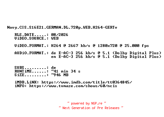NFO for the release Navy.CIS.S16E21.GERMAN.DL.720p.WEB.H264-GERTv by GERTv