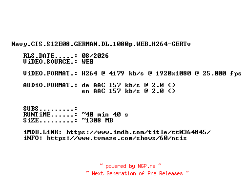 NFO for the release Navy.CIS.S12E08.GERMAN.DL.1080p.WEB.H264-GERTv by GERTv