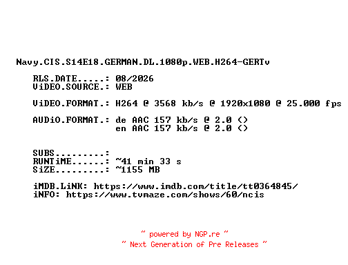 NFO for the release Navy.CIS.S14E18.GERMAN.DL.1080p.WEB.H264-GERTv by GERTv