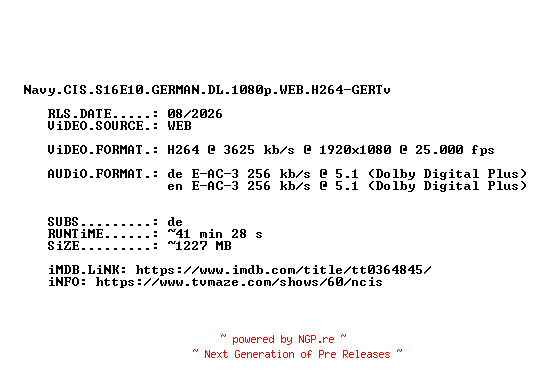 NFO for the release Navy.CIS.S16E10.GERMAN.DL.1080p.WEB.H264-GERTv by GERTv