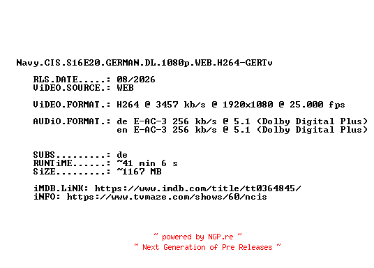 NFO for the release Navy.CIS.S16E20.GERMAN.DL.1080p.WEB.H264-GERTv by GERTv