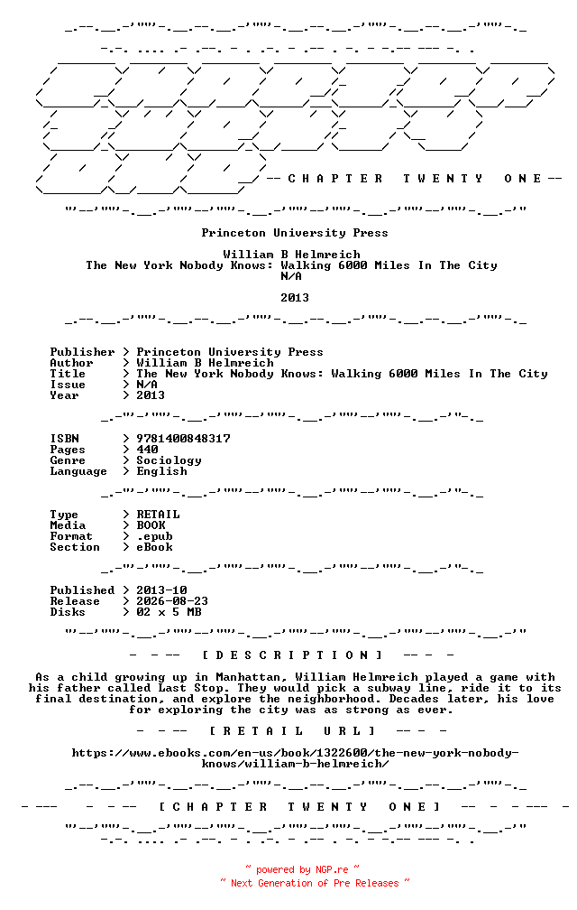 NFO for the release William.B.Helmreich.-.The.New.York.Nobody.Knows.Walking.6000.Miles.In.The.City.2013.RETAIL.EPUB.eBook-CTO by CTO