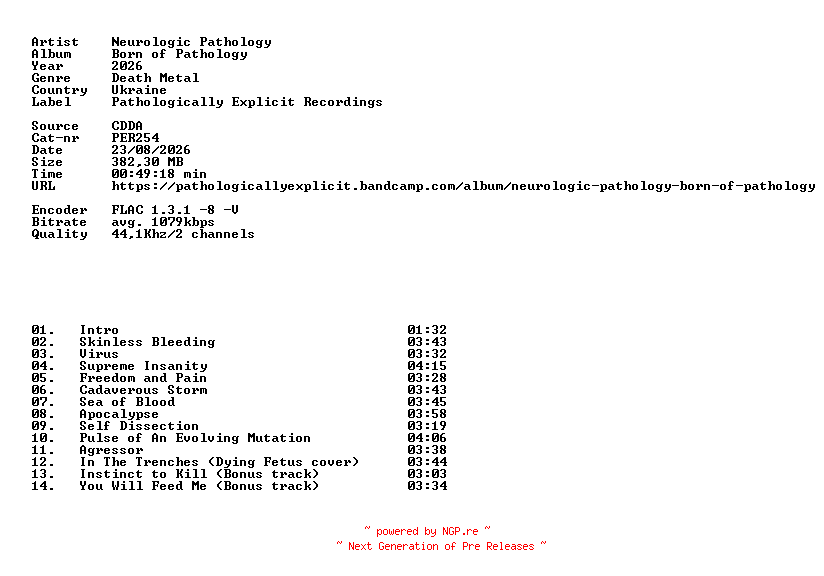 NFO for the release Neurologic_Pathology-Born_of_Pathology-(PER254)-CD-FLAC-2026-86D by 86D