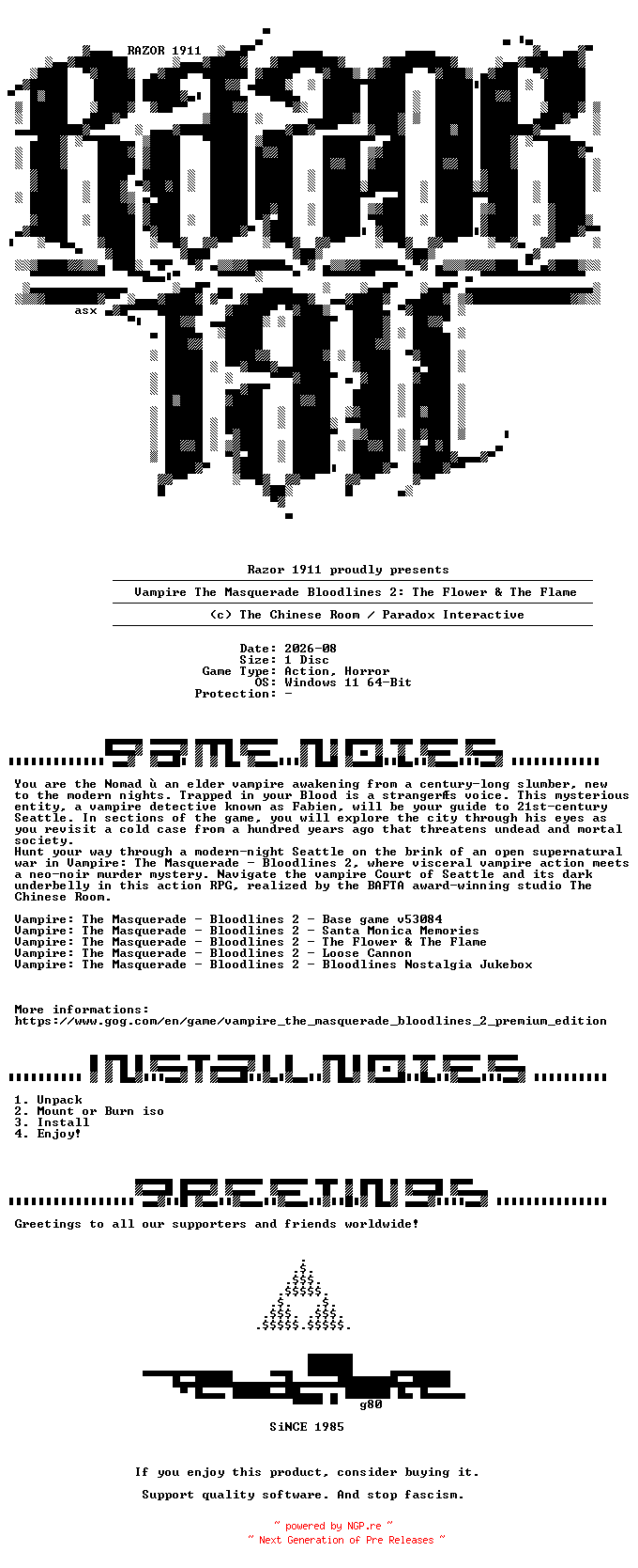 NFO for the release Vampire_The_Masquerade_Bloodlines_2_The_Flower_and_The_Flame-Razor1911 by Razor1911