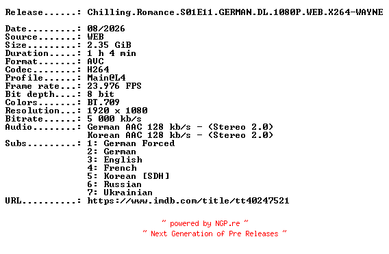 NFO for the release Chilling.Romance.S01E11.GERMAN.DL.1080P.WEB.X264-WAYNE by WAYNE