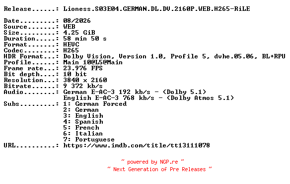 NFO for the release Lioness.S03E04.GERMAN.DL.DV.2160P.WEB.H265-RiLE by RiLE