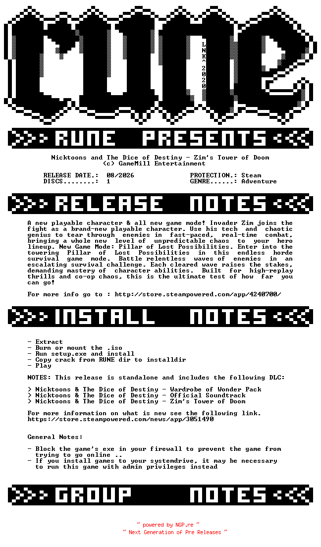 NFO for the release Nicktoons.and.The.Dice.of.Destiny.Zims.Tower.of.Doom-RUNE by RUNE