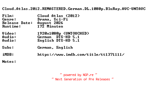 NFO for the release Cloud.Atlas.2012.REMASTERED.German.DL.1080p.BluRay.AVC-UNTAVC by UNTAVC