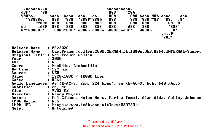 NFO for the release Was.Frauen.wollen.2000.GERMAN.DL.1080p.WEB.H264.iNTERNAL-SunDry by SunDry