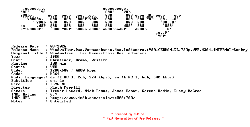 NFO for the release Windwalker.Das.Vermaechtnis.des.Indianers.1980.GERMAN.DL.720p.WEB.H264.iNTERNAL-SunDry by SunDry