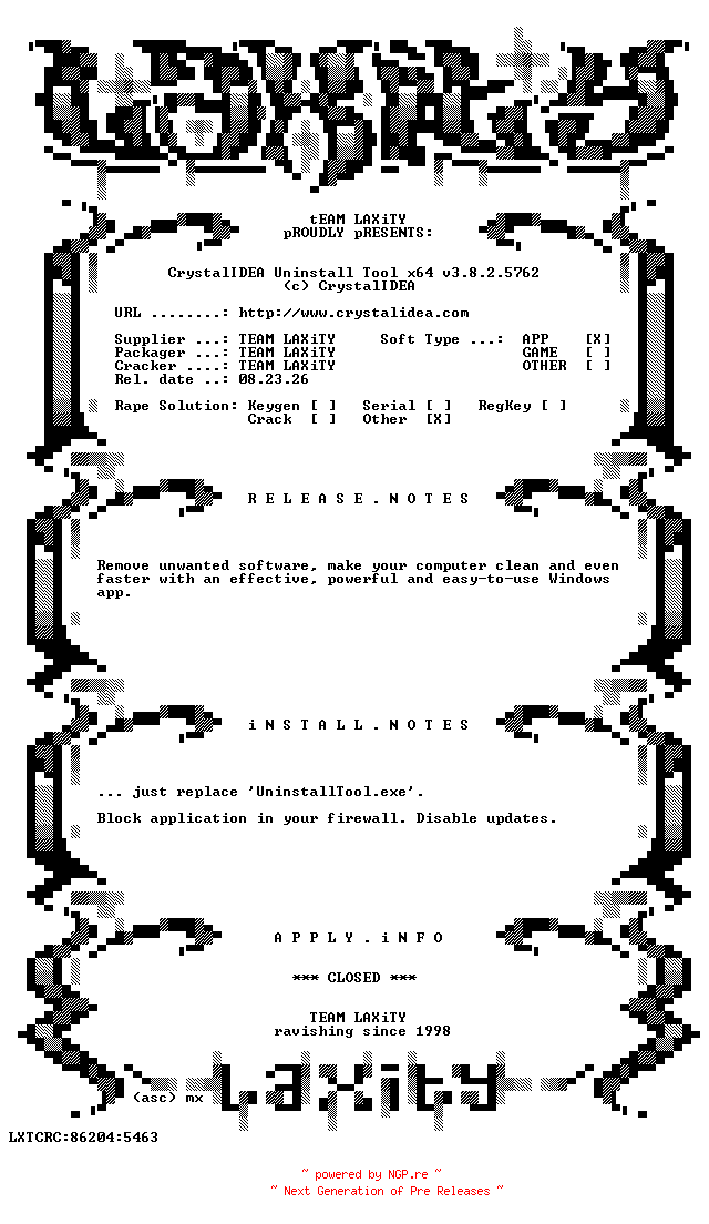 NFO for the release CrystalIDEA.Uninstall.Tool.x64.v3.8.2.5762-LAXiTY by LAXiTY