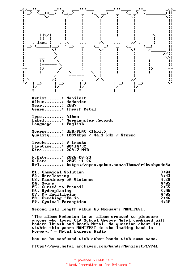 NFO for the release Manifest-Hedonism-16BIT-WEB-FLAC-2007-MOONBLOOD by MOONBLOOD