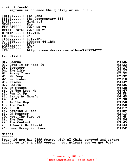NFO for the release The_Game-The_Documentary_III-READNFO-16BIT-WEB-FLAC-2026-ENRiCH by ENRiCH