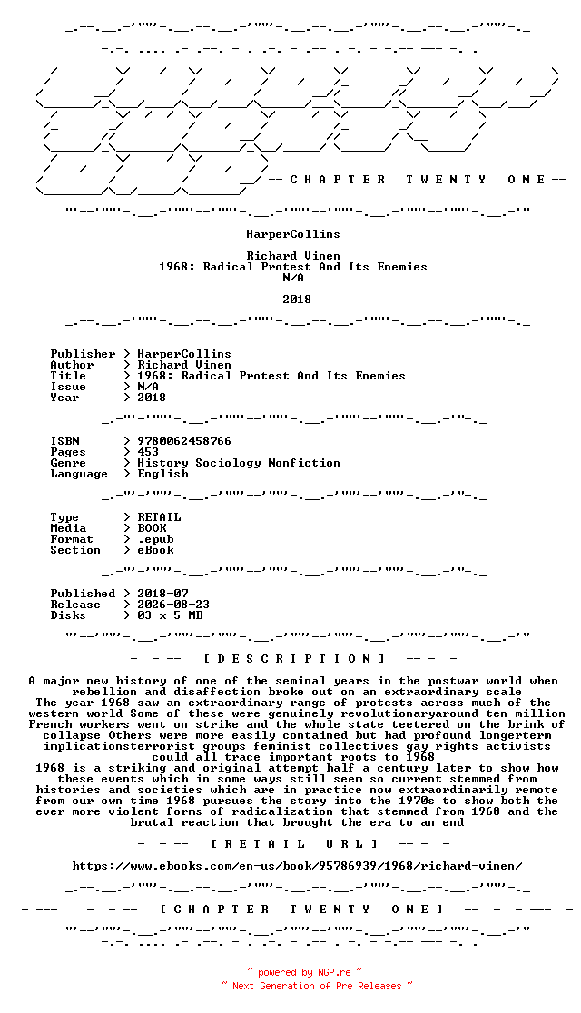 NFO for the release Richard.Vinen.-.1968.Radical.Protest.And.Its.Enemies.2018.RETAIL.EPUB.eBook-CTO by CTO