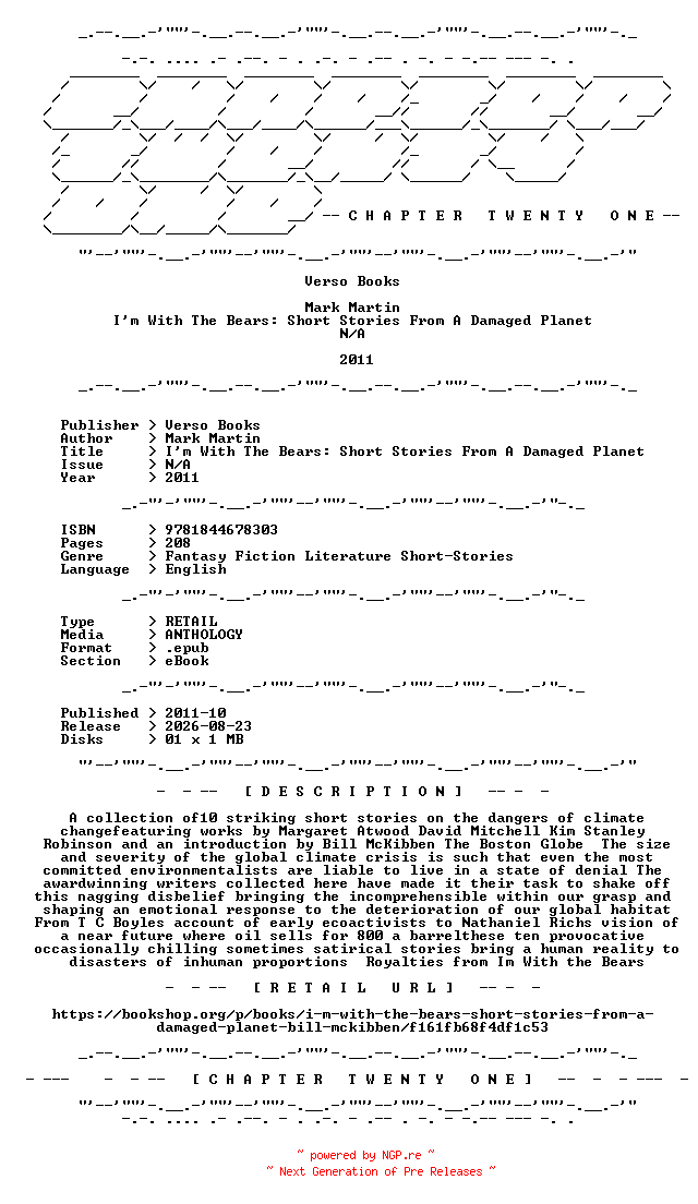 NFO for the release Verso.Books.-.Im.With.The.Bears.Short.Stories.From.A.Damaged.Planet.2011.RETAIL.EPUB.eBook-CTO by CTO