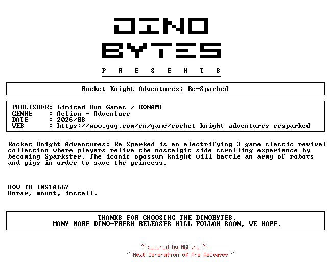 NFO for the release Rocket_Knight_Adventures_Re-Sparked-DINOByTES by DINOByTES