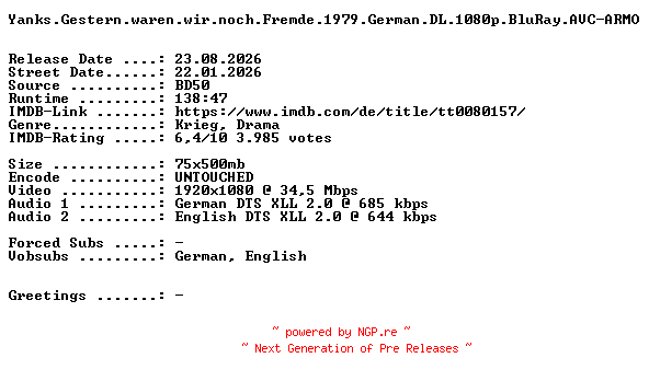 NFO for the release Yanks.Gestern.waren.wir.noch.Fremde.1979.German.DL.1080p.BluRay.AVC-ARMO by ARMO