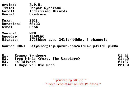 NFO for the release B.D.R.-Reaper_Syndrome-24BIT-WEB-FLAC-2026-VEXED by VEXED