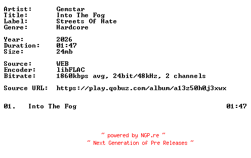 NFO for the release Gemstar-Into_The_Fog-Single-24BIT-WEB-FLAC-2026-VEXED by VEXED