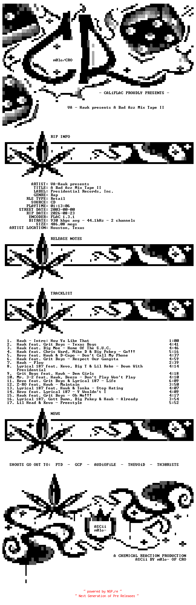 NFO for the release VA-Hawk_Presents_A_Bad_Azz_Mix_Tape_II-CD-FLAC-2003-CALiFLAC by CALiFLAC
