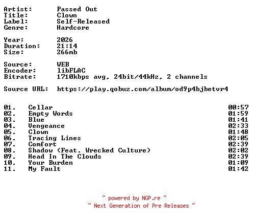 NFO for the release Passed_Out-Clown-24BIT-WEB-FLAC-2026-VEXED by VEXED