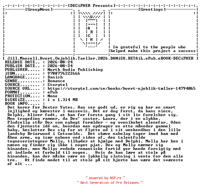 NFO for the release Jill.Mansell.Hvert.Oejeblik.Taeller.2026.DANiSH.RETAiL.ePub.eBOOK-DECiPHER by DECiPHER