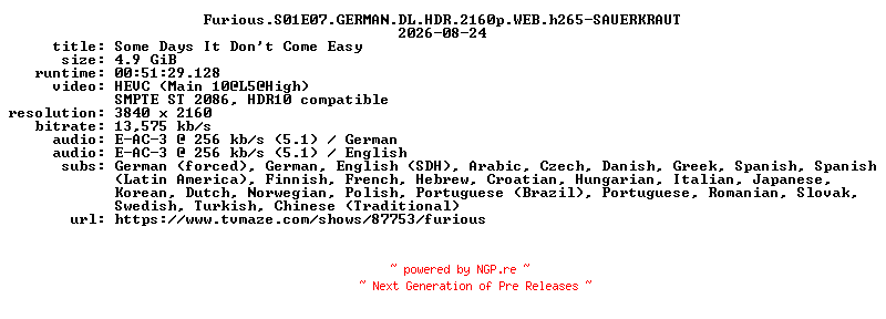 NFO for the release Furious.S01E07.GERMAN.DL.HDR.2160p.WEB.h265-SAUERKRAUT by SAUERKRAUT