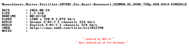 NFO for the release Moonshiners.Master.Distiller.S07E01.Die.Knast-Brennerei.GERMAN.DL.DOKU.720p.WEB.H264-SYNERGiE by SYNERGiE